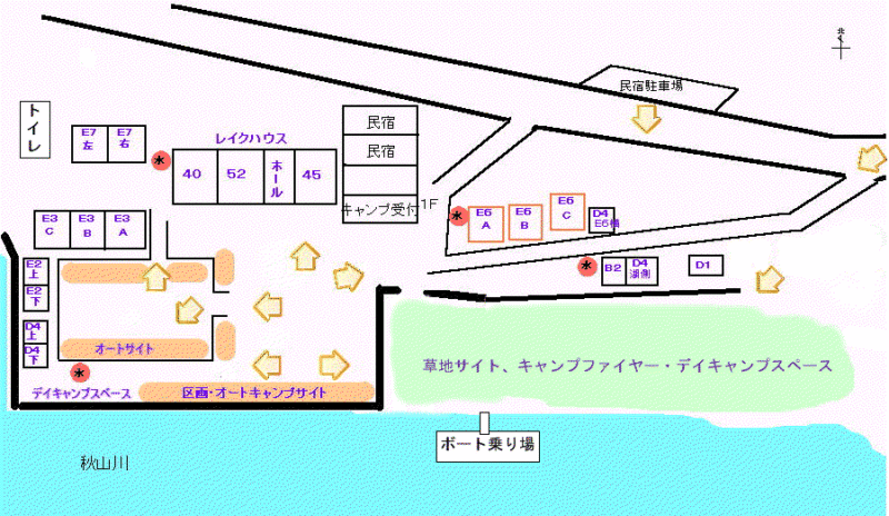 秋山川キャンプ場の場内マップ